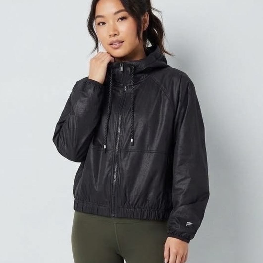 Fabletics Womens Hooded Full Zip Windbreaker Jacket Elastic Hem XS Dark Black